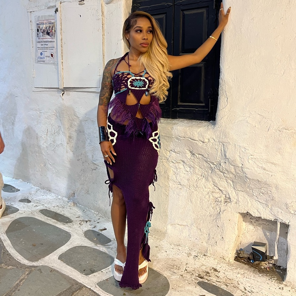Custom Crochet Bodycon Dress - Purple Turquoise White